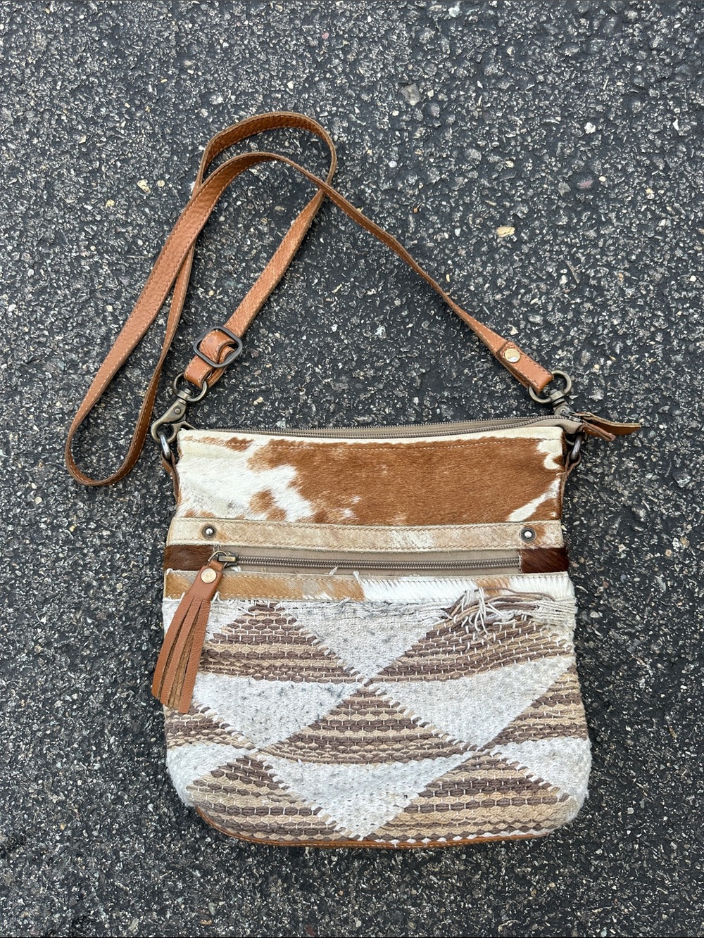 Myra Bag Tan & Cream Crossbody with Tribal Weave and Haircalf Accents